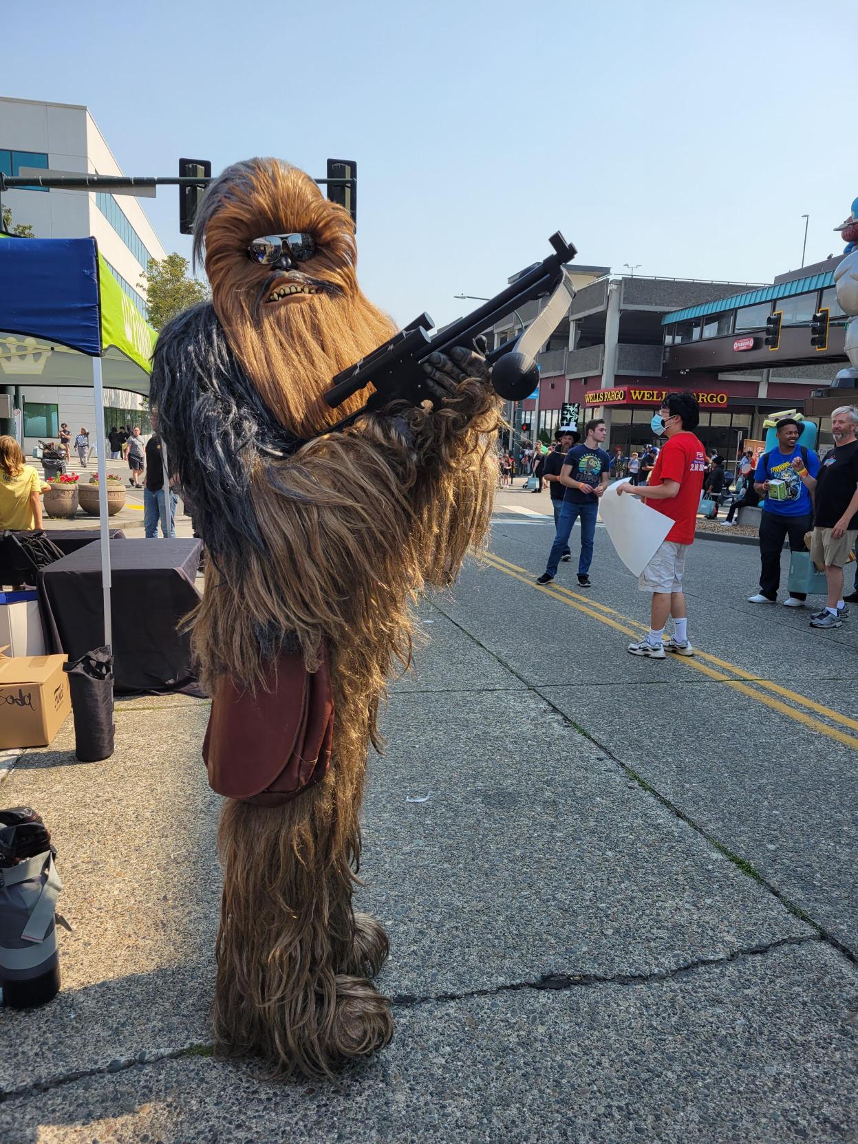Chewbacca: Chewbacca stands guard on the street. A long-time Funatic dresses up for the part.